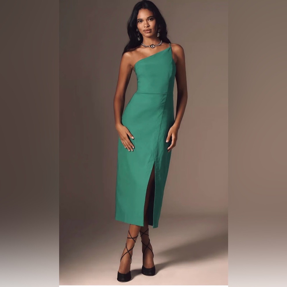 Anthropologie Green One-Shoulder Dress Medium